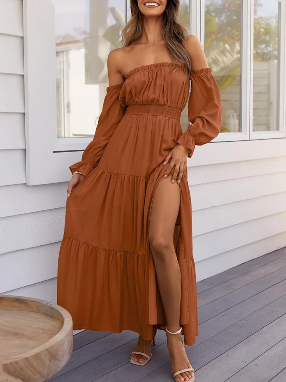 Boho Tiered Maxi Dress in Rust Brown